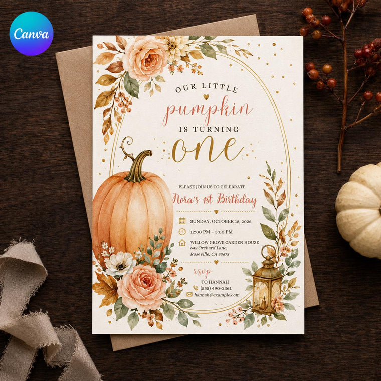 Floral Watercolor Little Pumpkin First Birthday Invitation