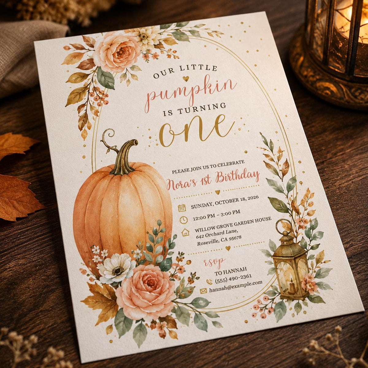 Floral Watercolor Little Pumpkin First Birthday Invitation — digital invitation, instant download