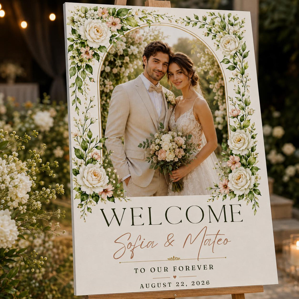 Floral Wedding Welcome Sign with Photo — digital welcome sign, instant download