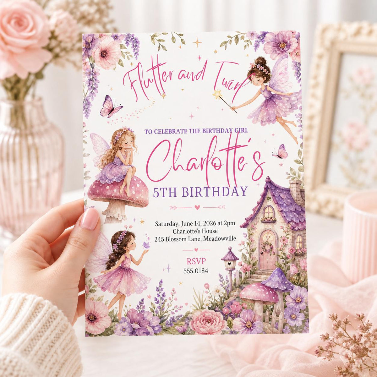 Flutter and Twirl Fairy 5th Birthday Invitation — digital invitation, instant download