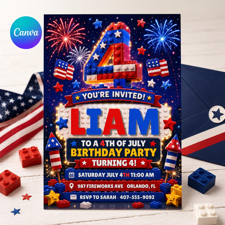 Fourth of July Building Block 4th Birthday Invitation