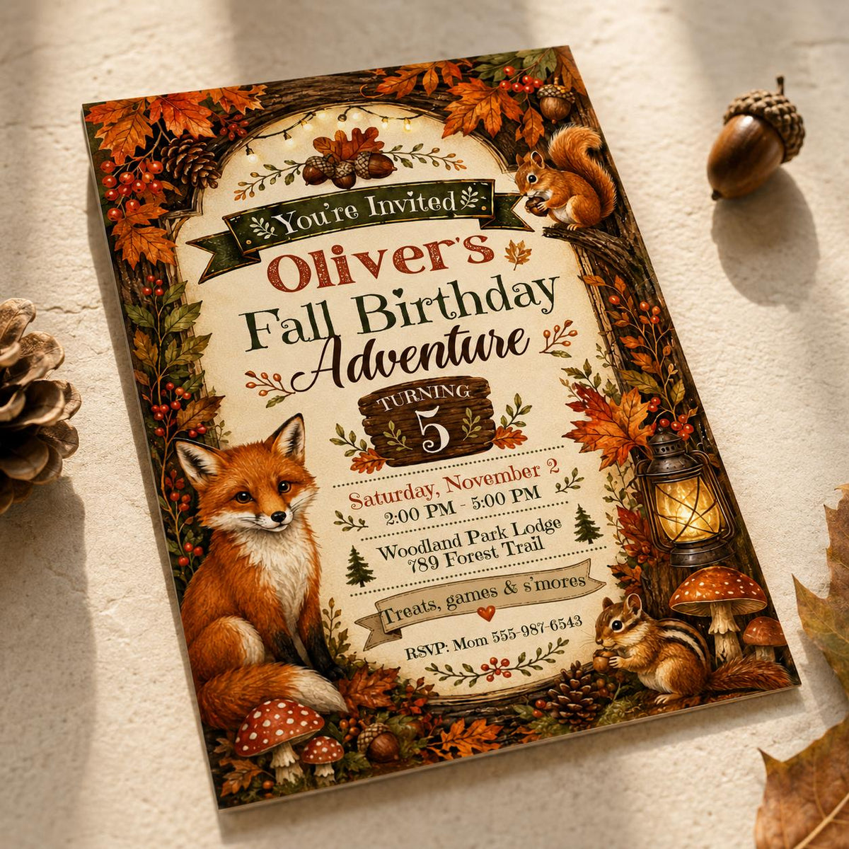 Fox Woodland 5th Birthday Invitation — 5th birthday party stationery by VoltBy