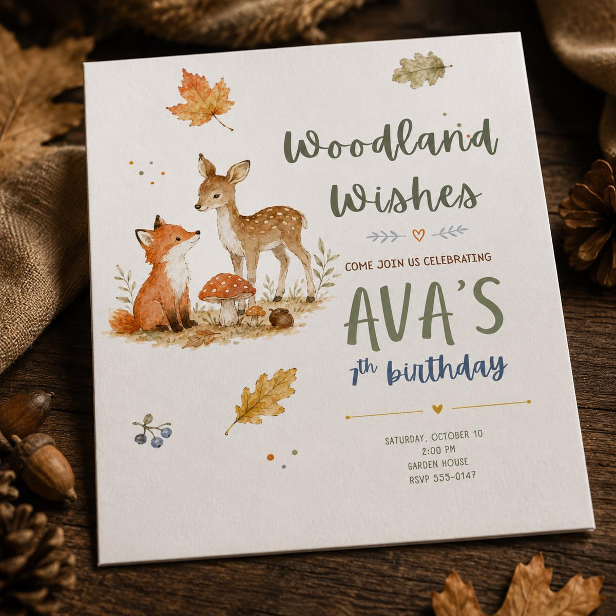Fox Woodland 7th Birthday Invitation — 7th birthday party stationery by VoltBy