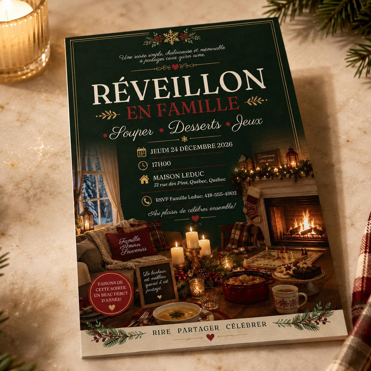French Christmas Eve Invitation with Fireside Dinner Scene — digital invitation, instant download