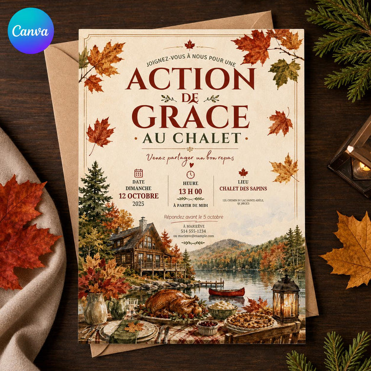 French Thanksgiving Invitation with Autumn Lake Chalet
