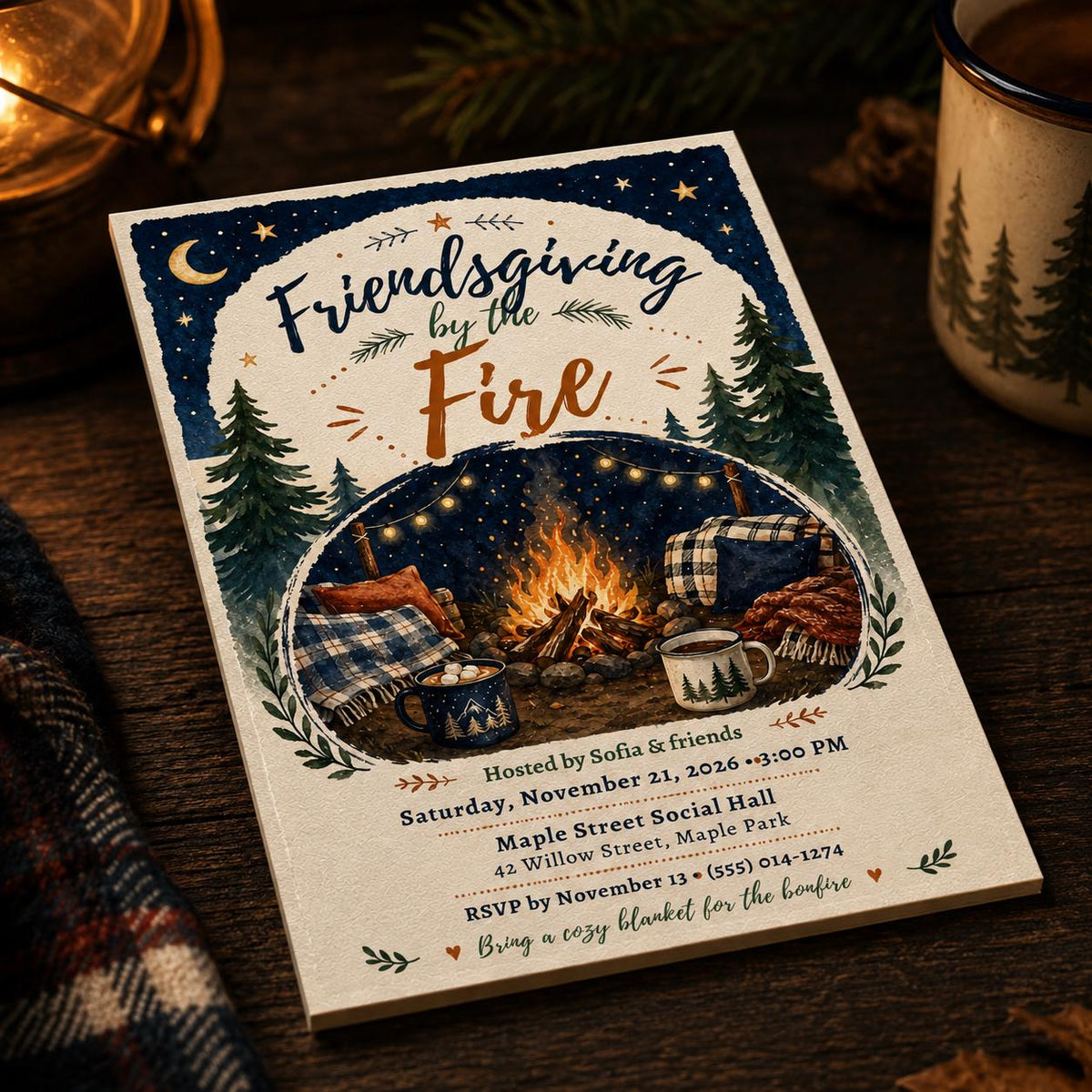 Friendsgiving Invitation: Bonfire Dinner Party by the Fire — Friendsgiving stationery by VoltBy