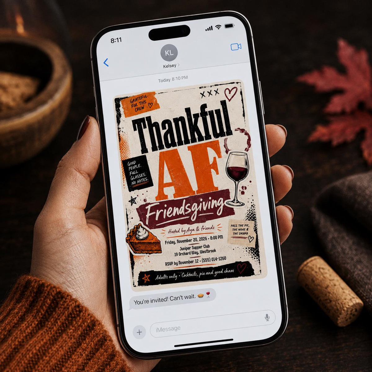 Friendsgiving Invitation: Thankful AF Adult Thanksgiving Dinner Party — Thanksgiving gathering stationery by VoltBy