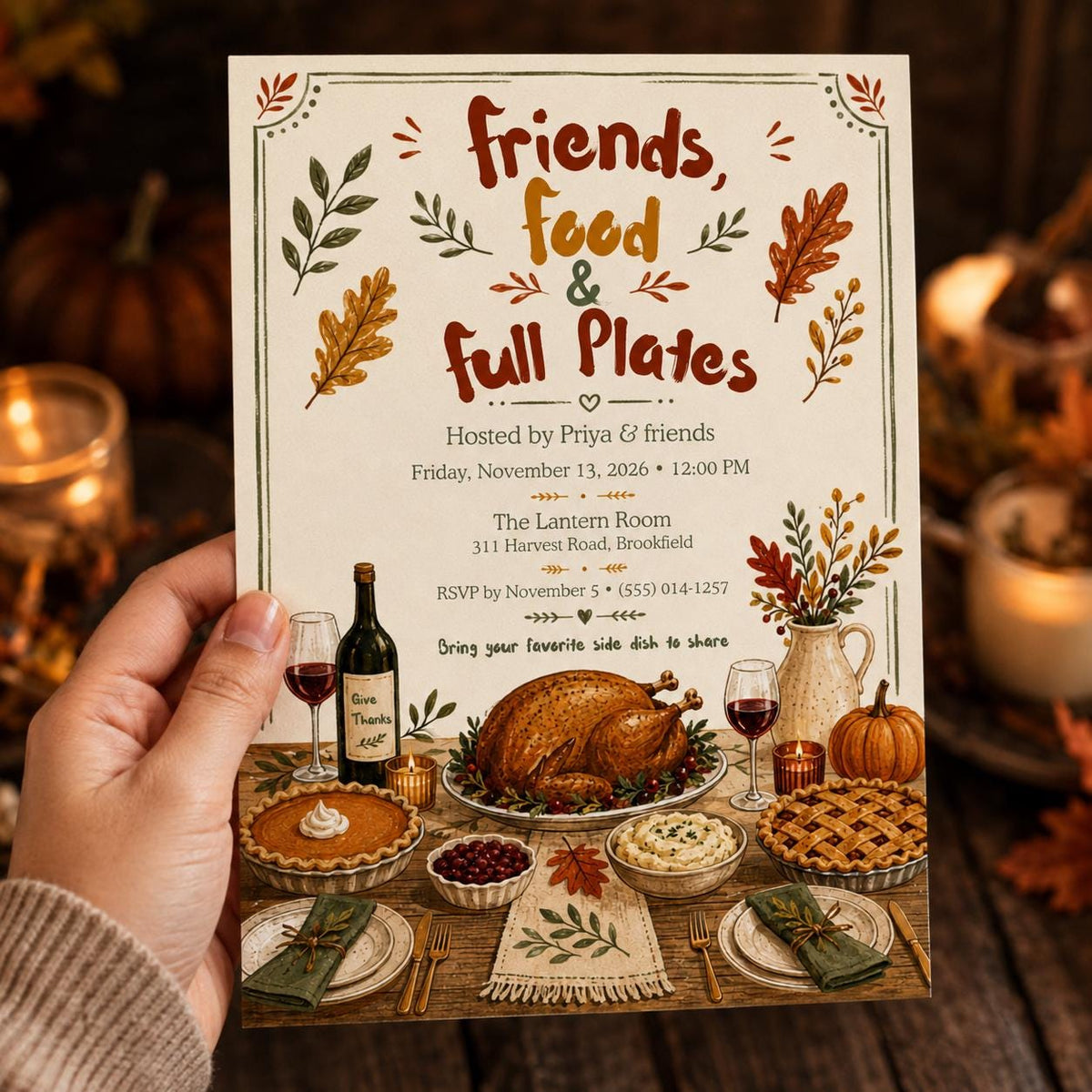 Friendsgiving Invitation: Thanksgiving Potluck Dinner Party — Thanksgiving gathering stationery by VoltBy
