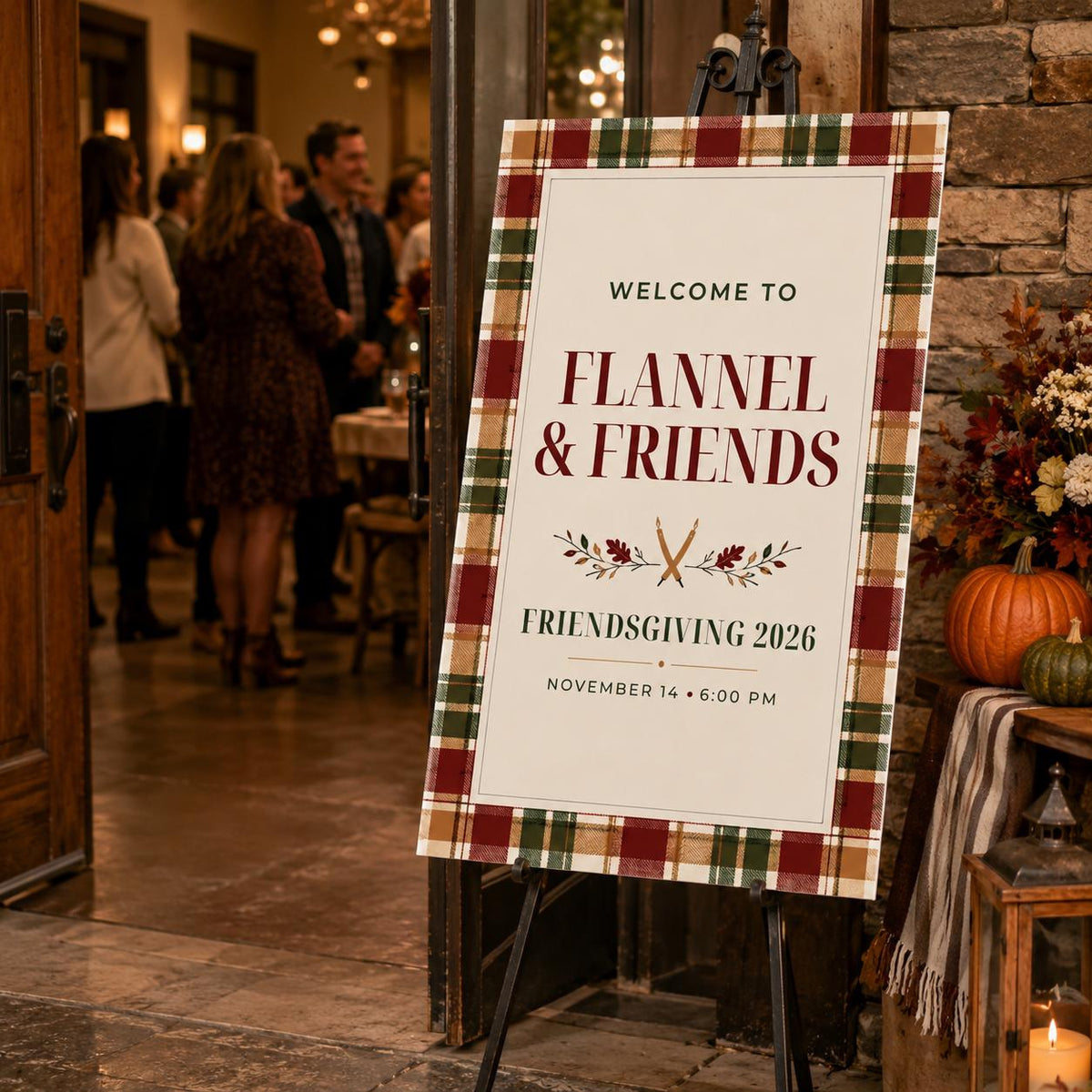 Friendsgiving Welcome Sign: Flannel Plaid Fall Dinner Party Poster — Thanksgiving gathering stationery by VoltBy