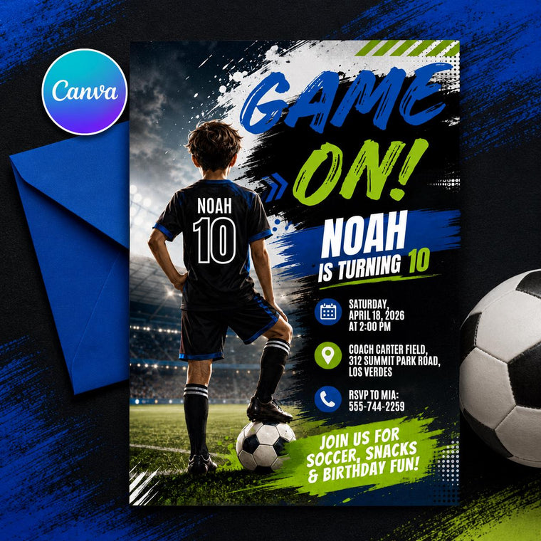 Game On Soccer 10th Birthday Invitation with Player Portrait