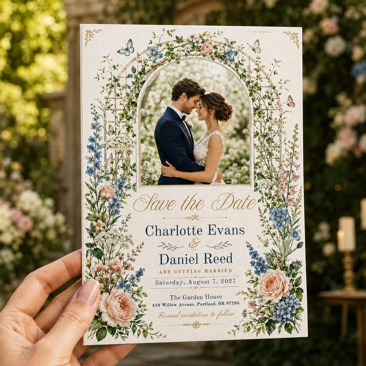 Garden Floral Arch Wedding Photo Save the Date — digital announcement card, instant download