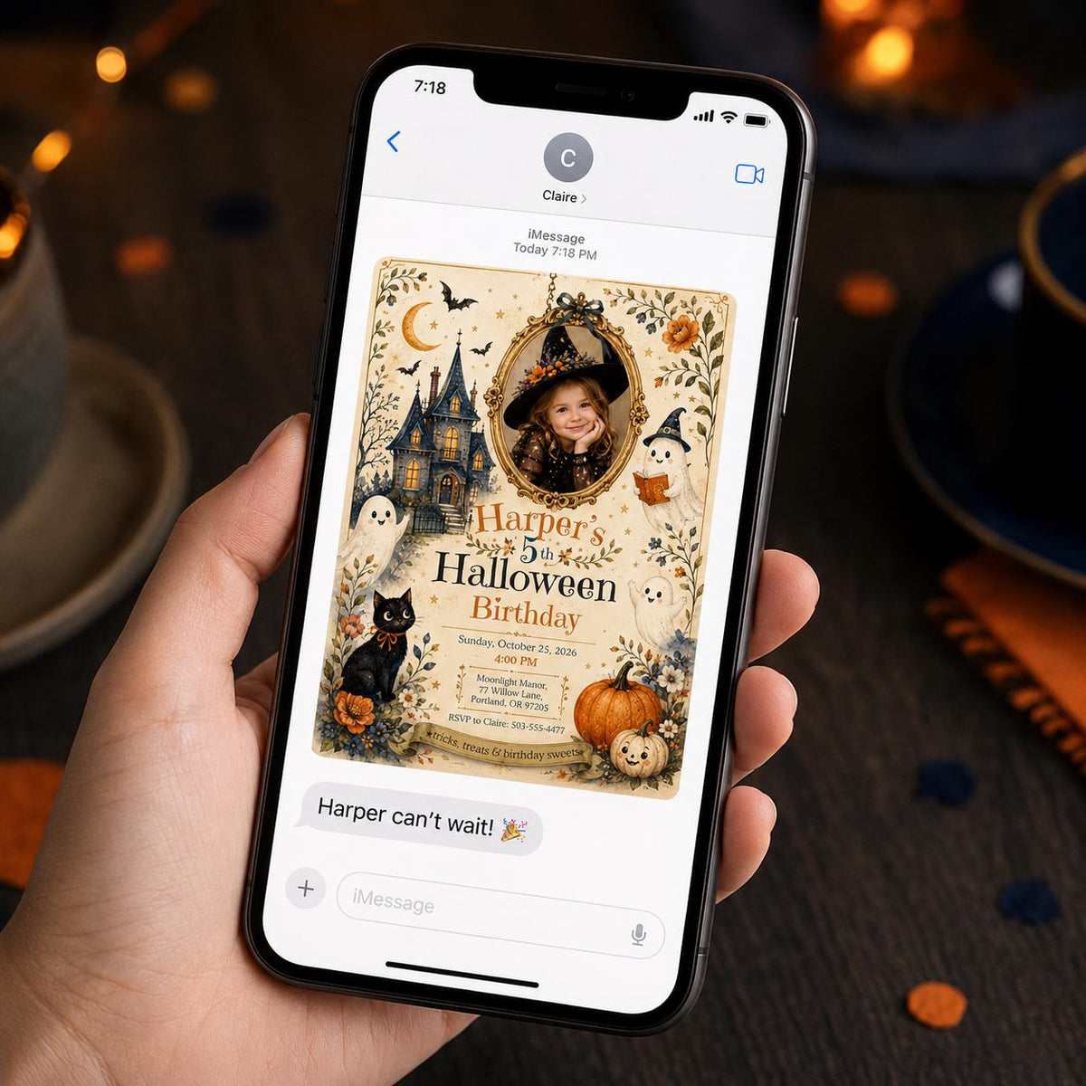 Ghost Halloween 5th Birthday Invitation for Girls — digital invitation, instant download