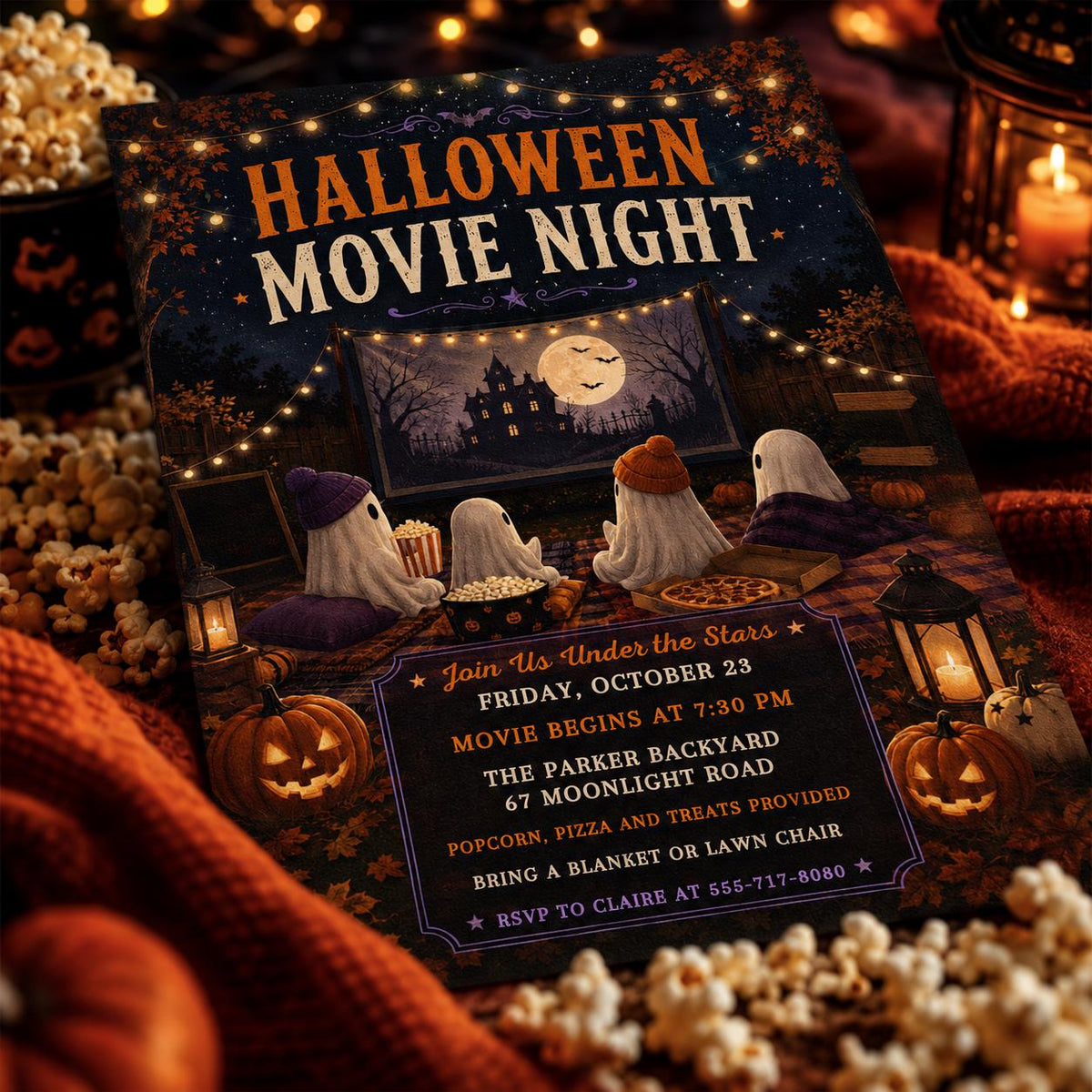 Ghost Halloween Movie Night Invitation — digital invitation, instant download