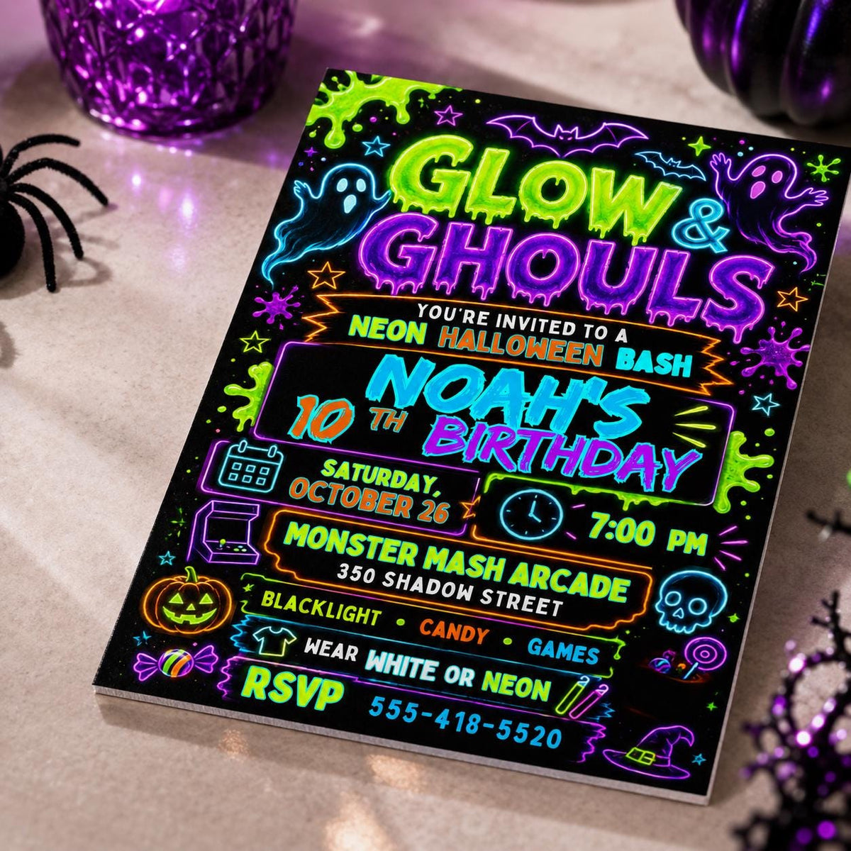 Ghost Neon Halloween 10th Birthday Invitation — 10th birthday party stationery by VoltBy