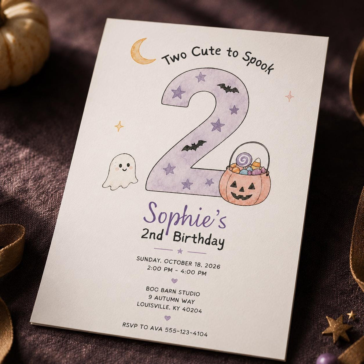 Ghost Two Cute to Spook 2nd Birthday Invitation for Girls — 2nd birthday party stationery by VoltBy
