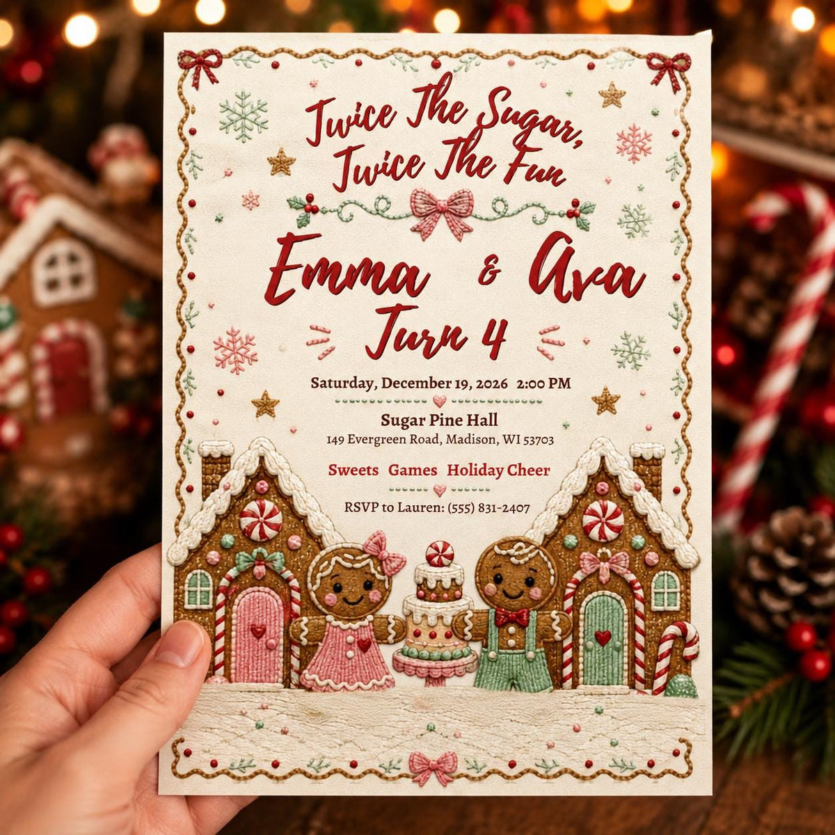Gingerbread Twins 4th Birthday Invitation with Candy Houses — digital invitation, instant download