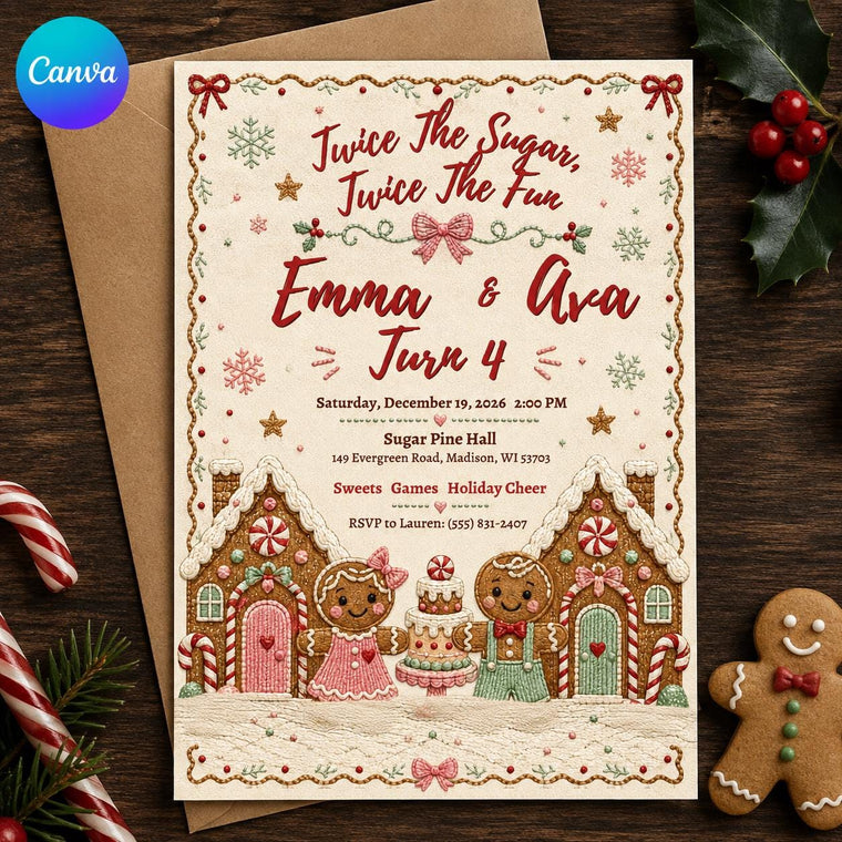 Gingerbread Twins 4th Birthday Invitation with Candy Houses – Design B