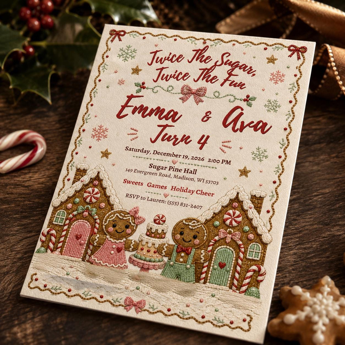 Gingerbread Twins 4th Birthday Invitation with Candy Houses — digital invitation, instant download