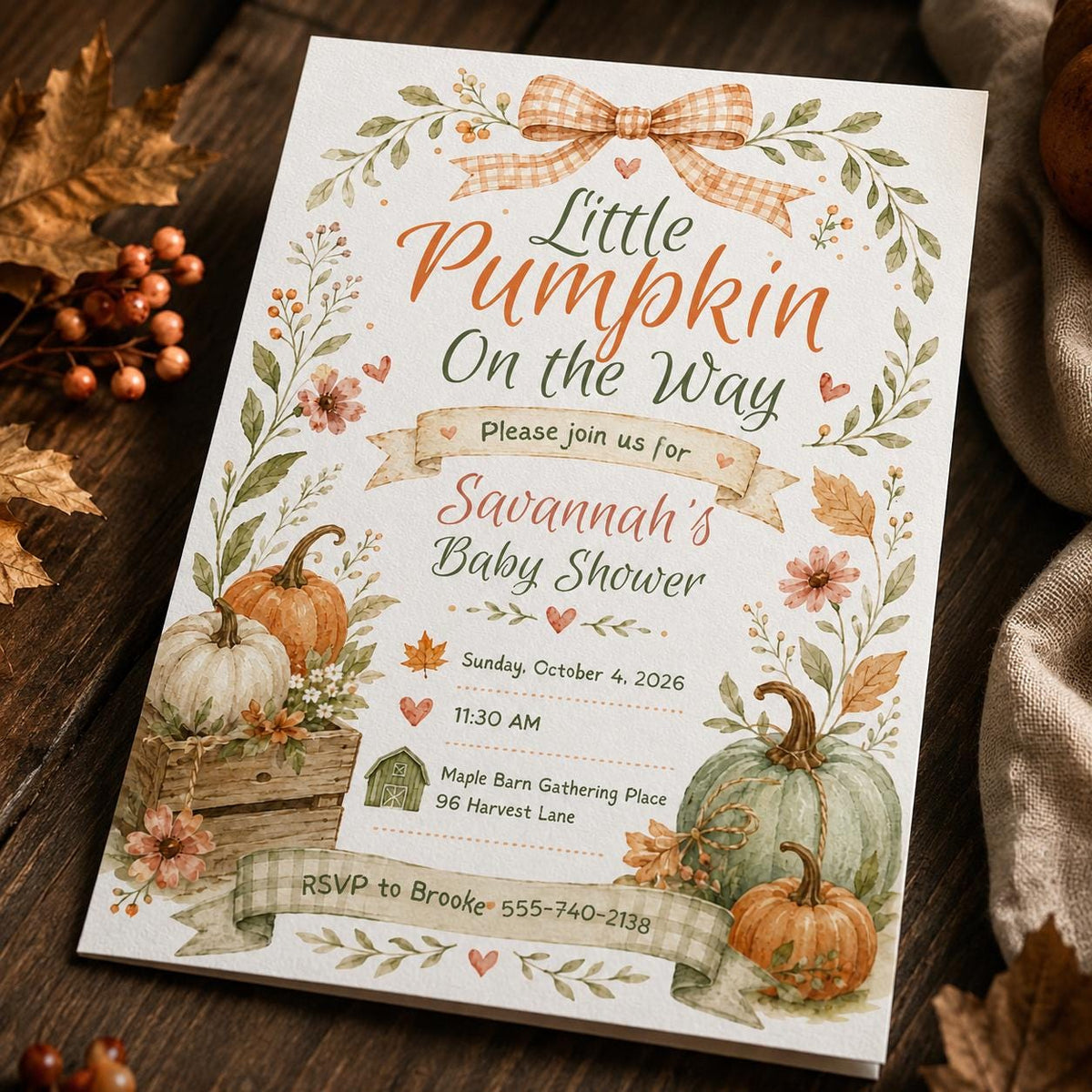 Gingham Bow Harvest Pumpkin Baby Shower Invitation — digital invitation, instant download