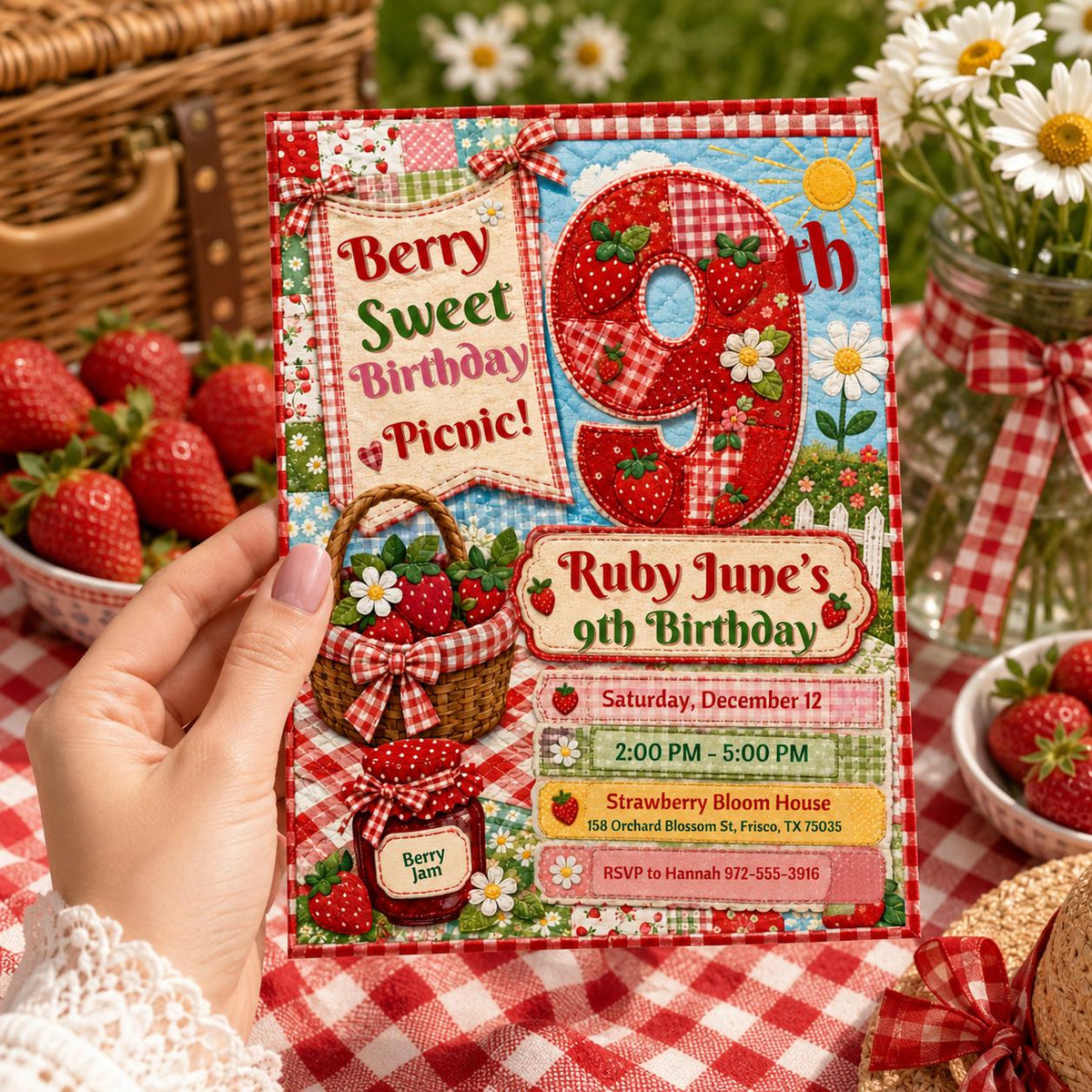 Gingham Strawberry Birthday Invitation for Girls — digital invitation, instant download