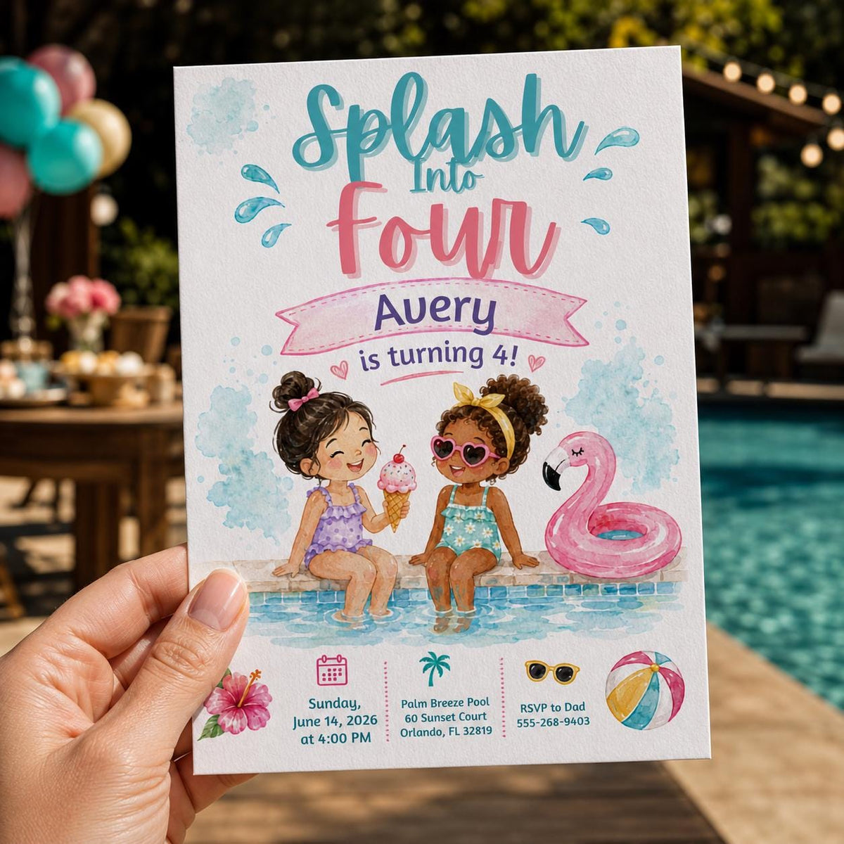 Girl Pool Party Birthday Invitation — birthday party stationery by VoltBy