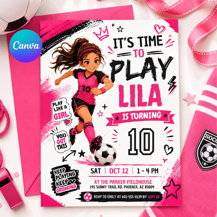 Girls Soccer 10th Birthday Invitation with Pink Kit