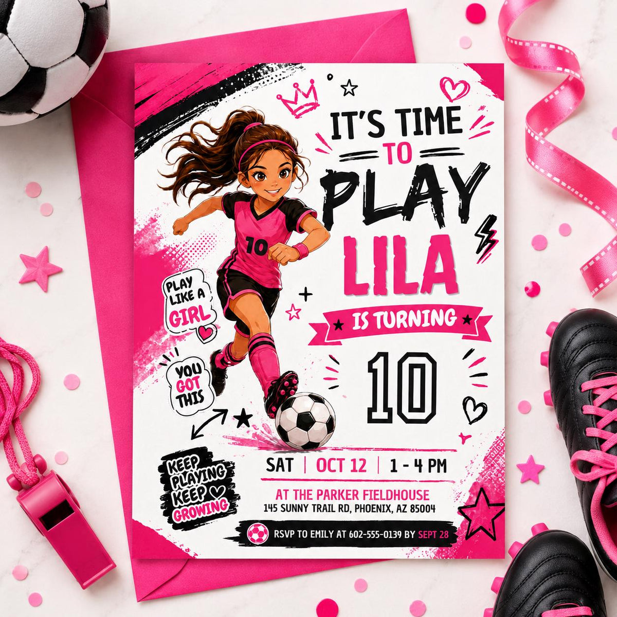 Girls Soccer 10th Birthday Invitation with Pink Kit — 10th birthday party stationery by VoltBy
