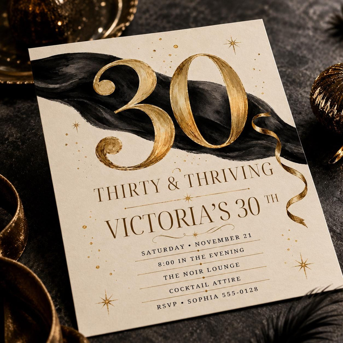 Gold and Black 30th Birthday Invitation — digital invitation, instant download