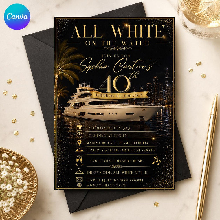 Gold and Black All White Yacht Party Invitation