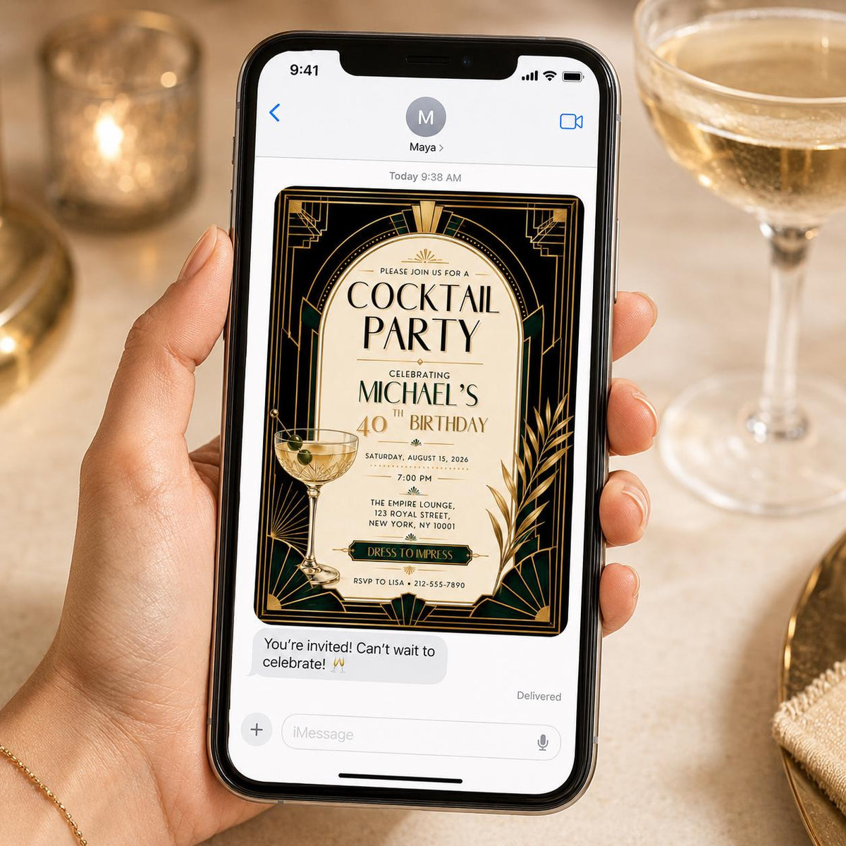 Gold and Black Art Deco Cocktail Party Invitation — 40th birthday party stationery by VoltBy