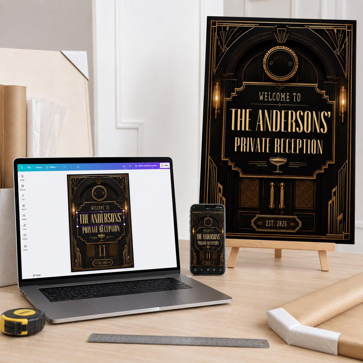 Gold and Black Art Deco Welcome Sign — celebration stationery by VoltBy