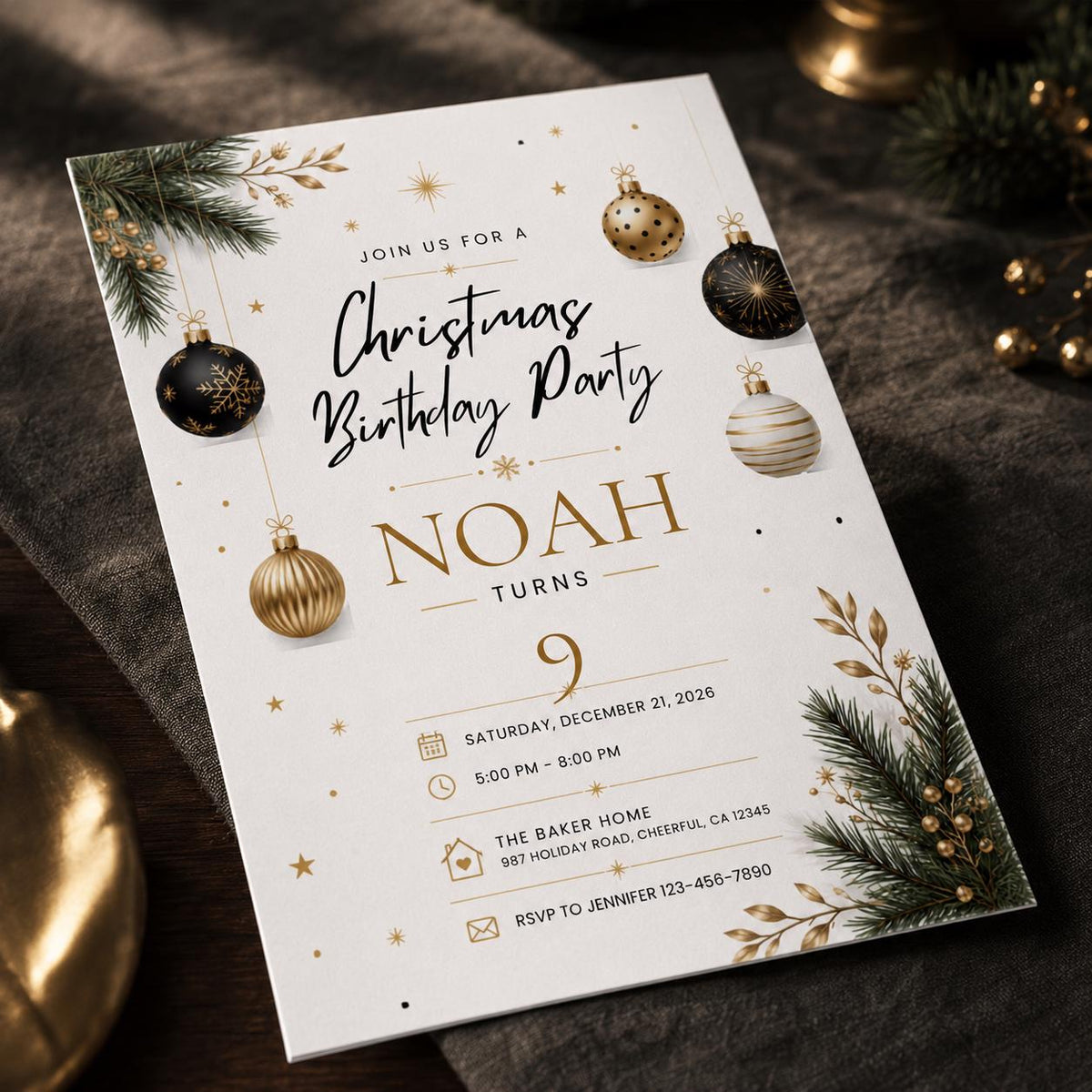 Gold and Black Christmas Birthday Invitation — print-ready birthday party design from VoltBy