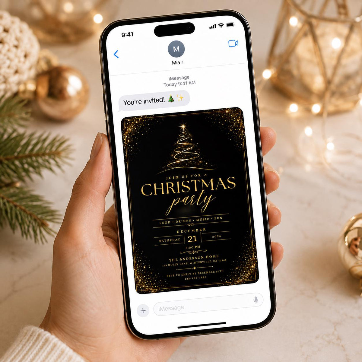 Gold and Black Christmas Party Invitation: Black Gold Elegant Holiday — digital invitation, instant download