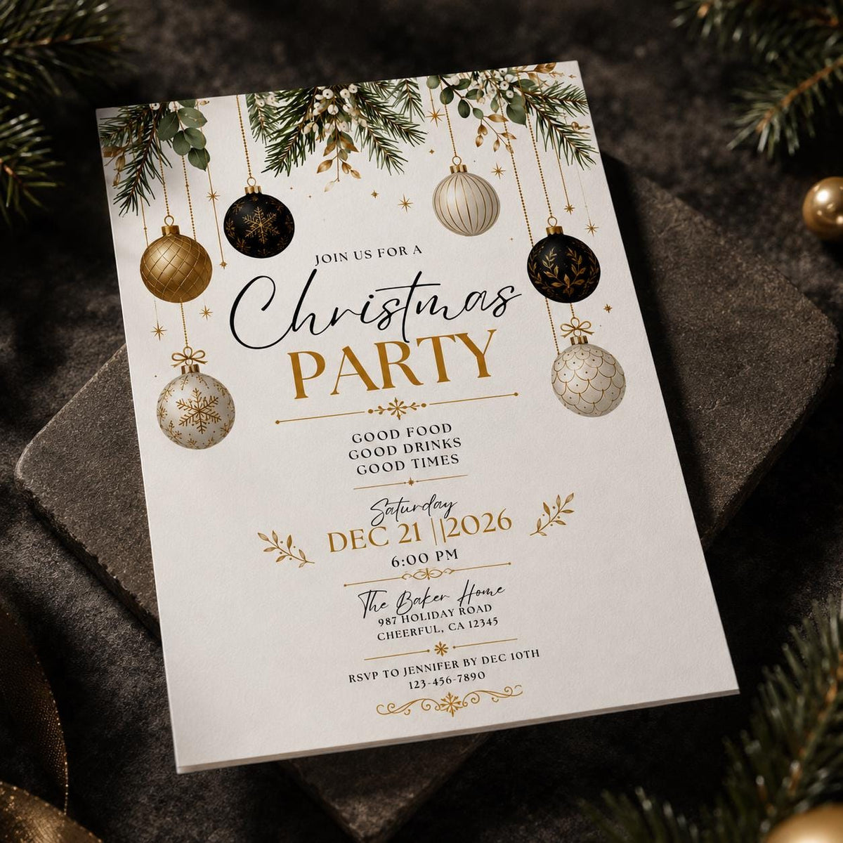 Gold and Black Christmas Party Invitation: Black Gold Ornament Holiday — digital invitation, instant download
