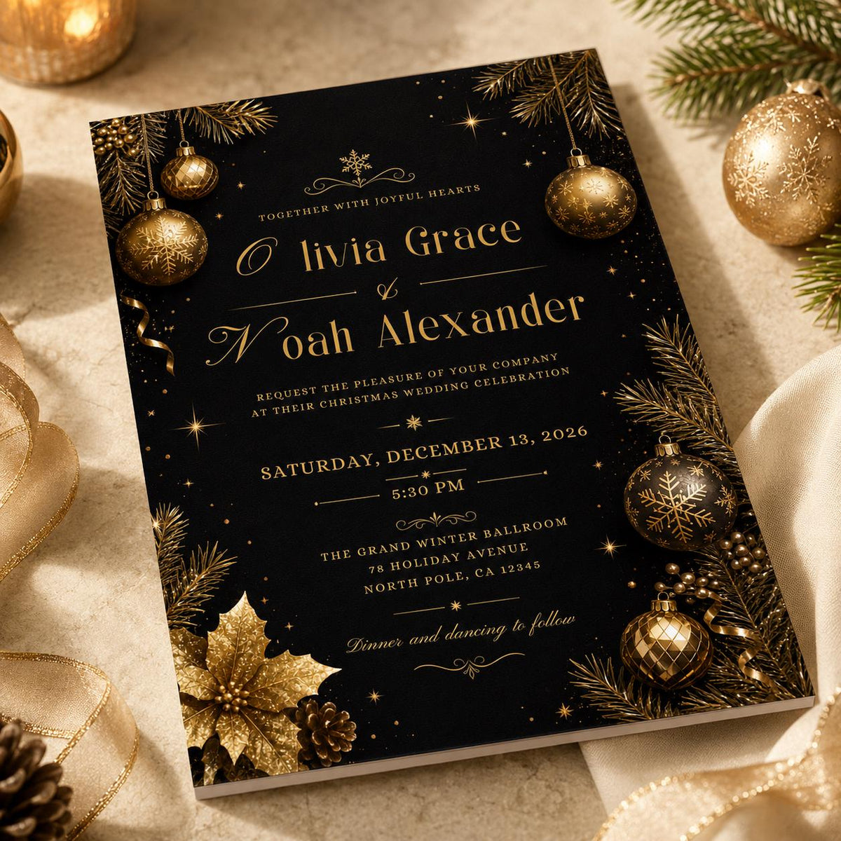 Gold and Black Christmas Wedding Invitation: Elegant Holiday Greenery — wedding stationery by VoltBy