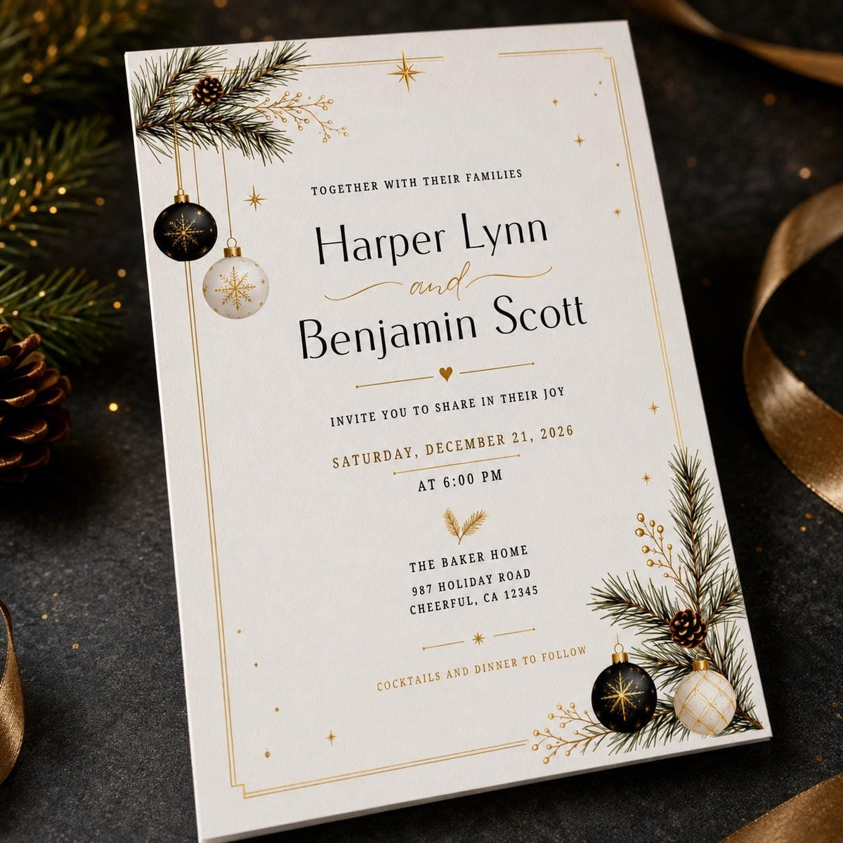 Gold and Black Christmas Wedding Invitation: Minimalist Black Gold Winter — print-ready wedding design from VoltBy