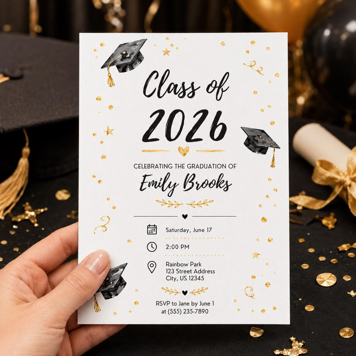 Gold and Black Class of 2026 Graduation Invitation — graduation party stationery by VoltBy