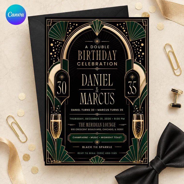 Gold and Black Double Birthday Invitation