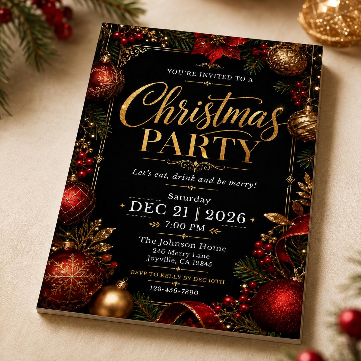 Gold and Black Elegant Christmas Party Invitation — digital invitation, instant download