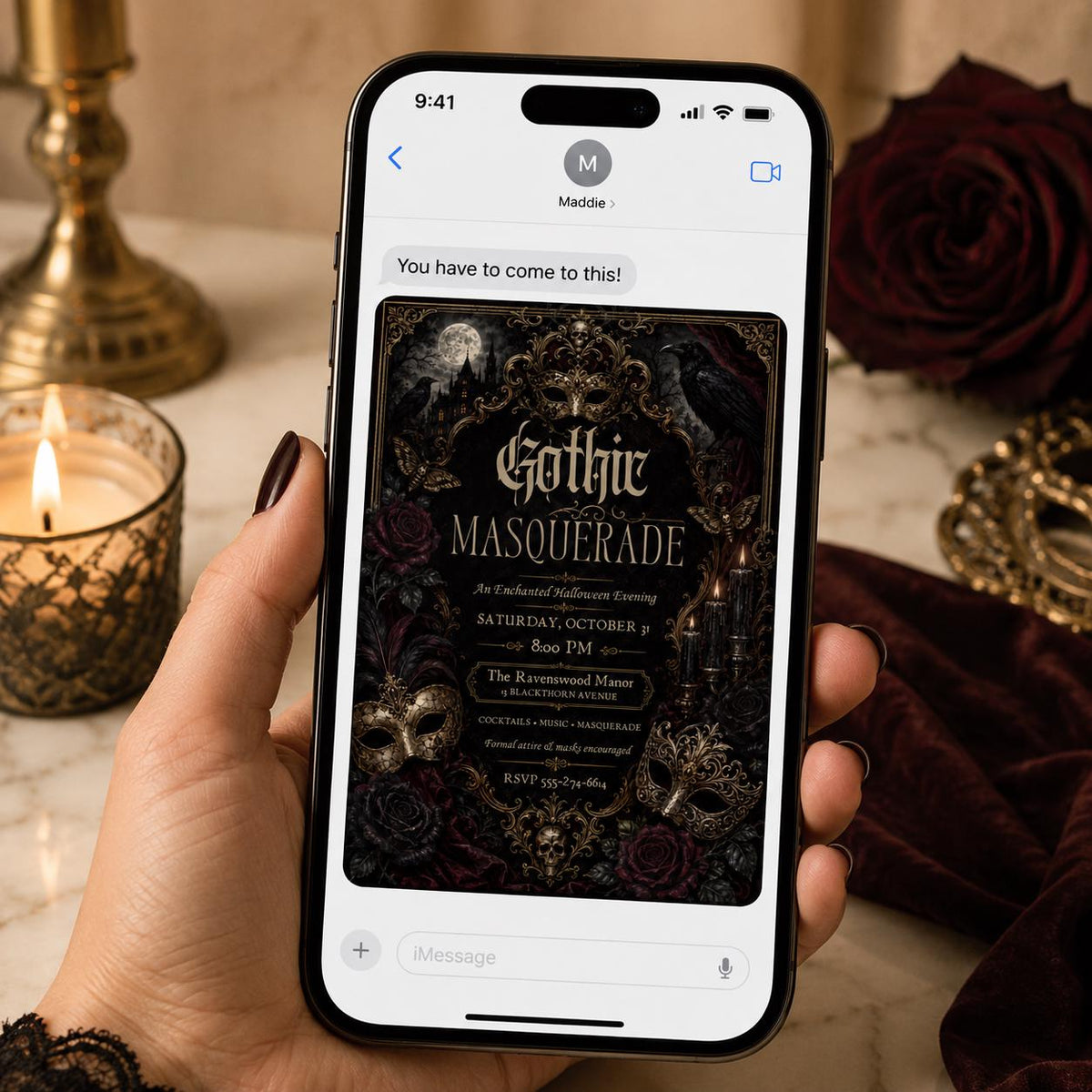 Gold and Black Gothic Masquerade Invitation — Halloween party stationery by VoltBy