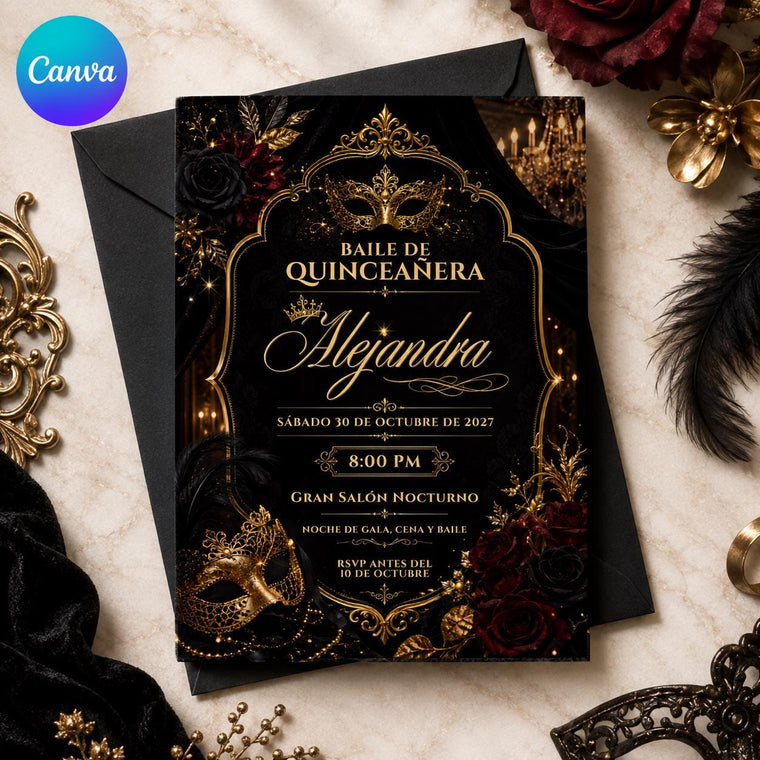 Gold and Black Masquerade Quinceanera Invitation
