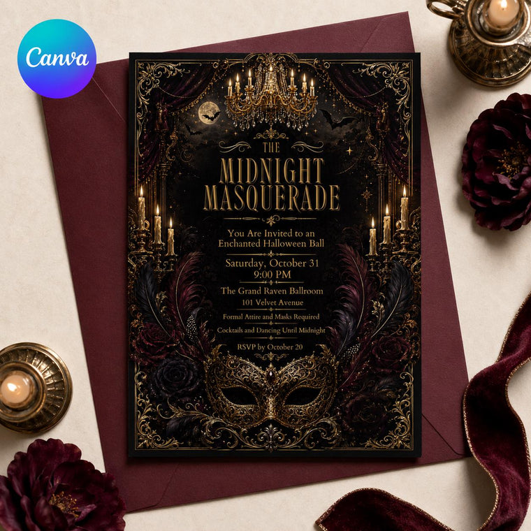 Gold and Black Midnight Masquerade Invitation: Gothic Halloween Ball