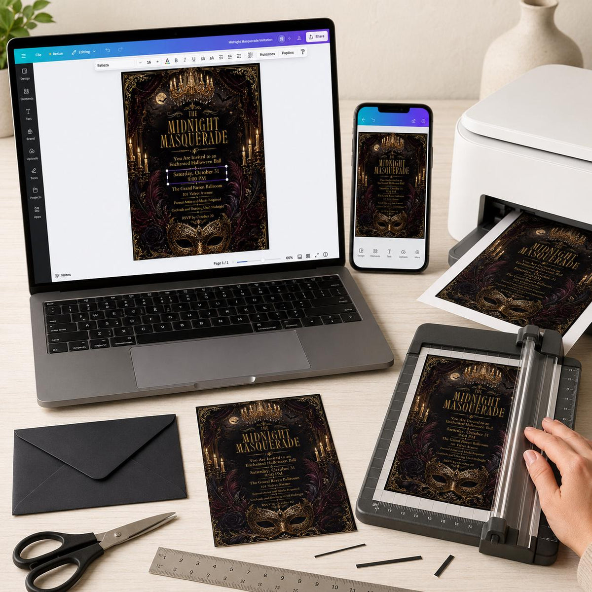 Gold and Black Midnight Masquerade Invitation: Gothic Halloween Ball — digital invitation, instant download