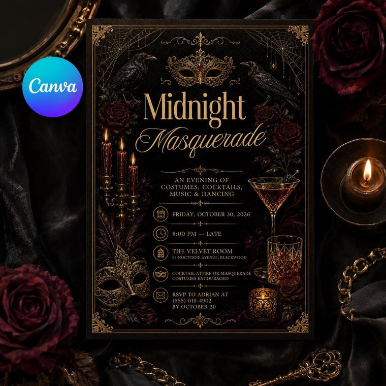 Gold and Black Midnight Masquerade Invitation: Gothic Halloween Costume Party