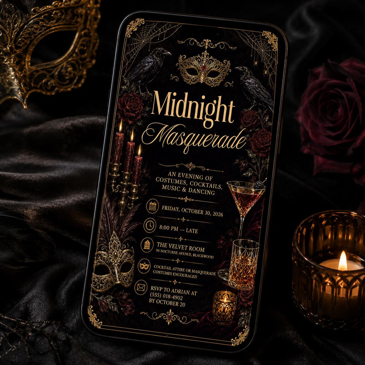 Gold and Black Midnight Masquerade Invitation: Gothic Halloween Costume Party — Halloween party stationery by VoltBy