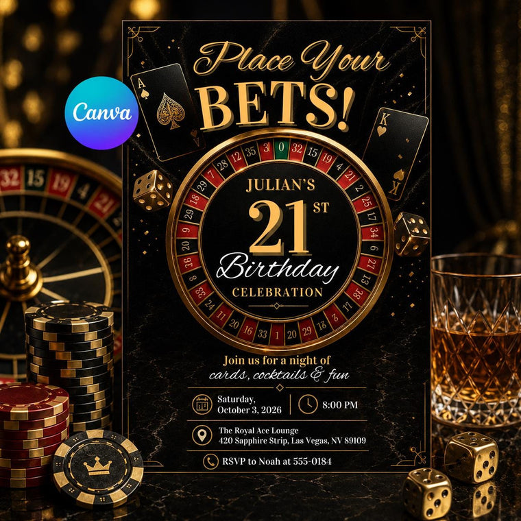 Gold and Black Place Your Bets 21st Birthday Invitation