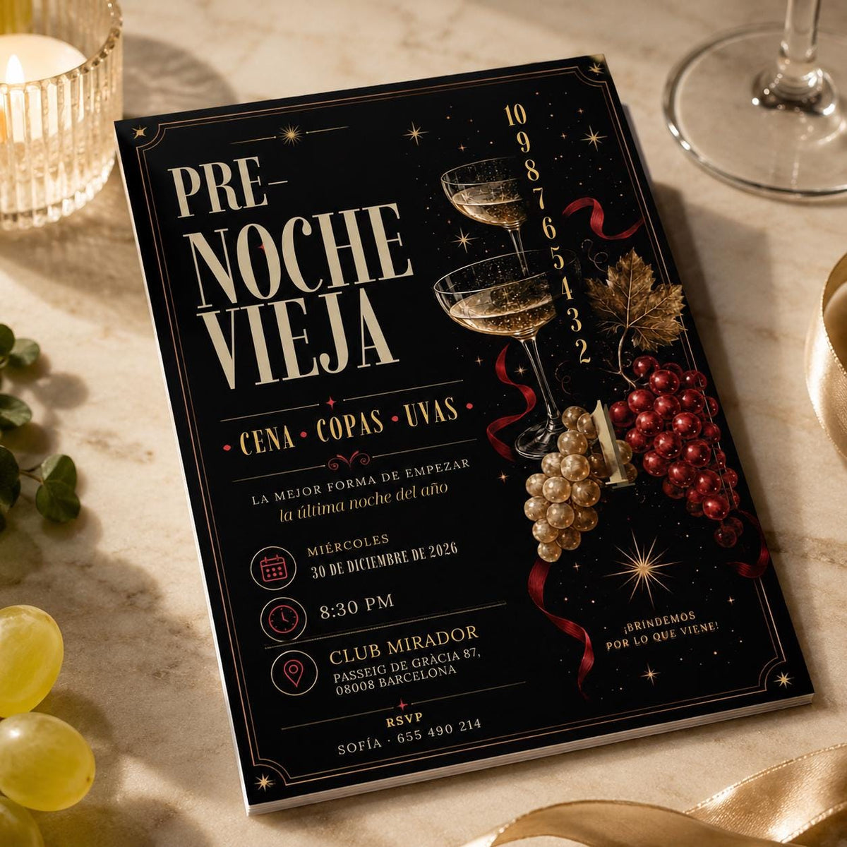 Gold and Black Pre Nochevieja Invitation — print-ready New Year party design from VoltBy