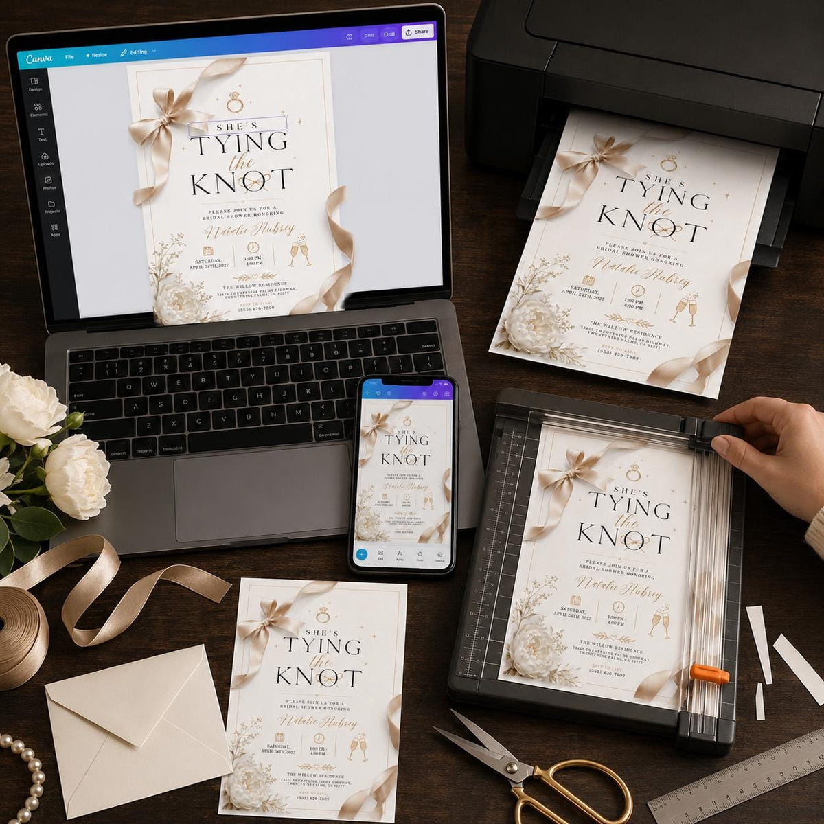 Gold and Neutral Bridal Shower Invitation — print-ready bridal shower design from VoltBy