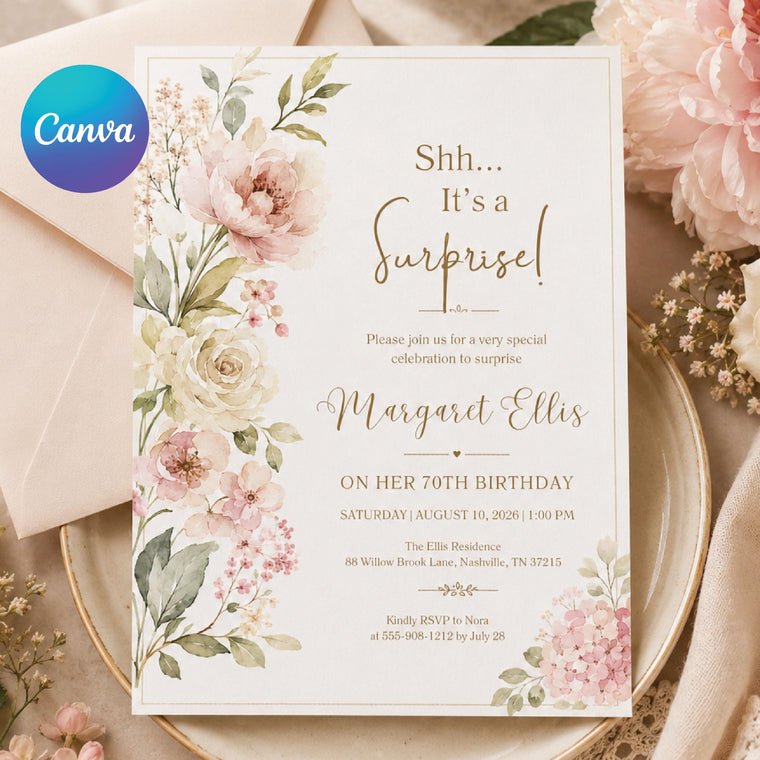 Gold and White Floral Surprise 70th Birthday Invitation