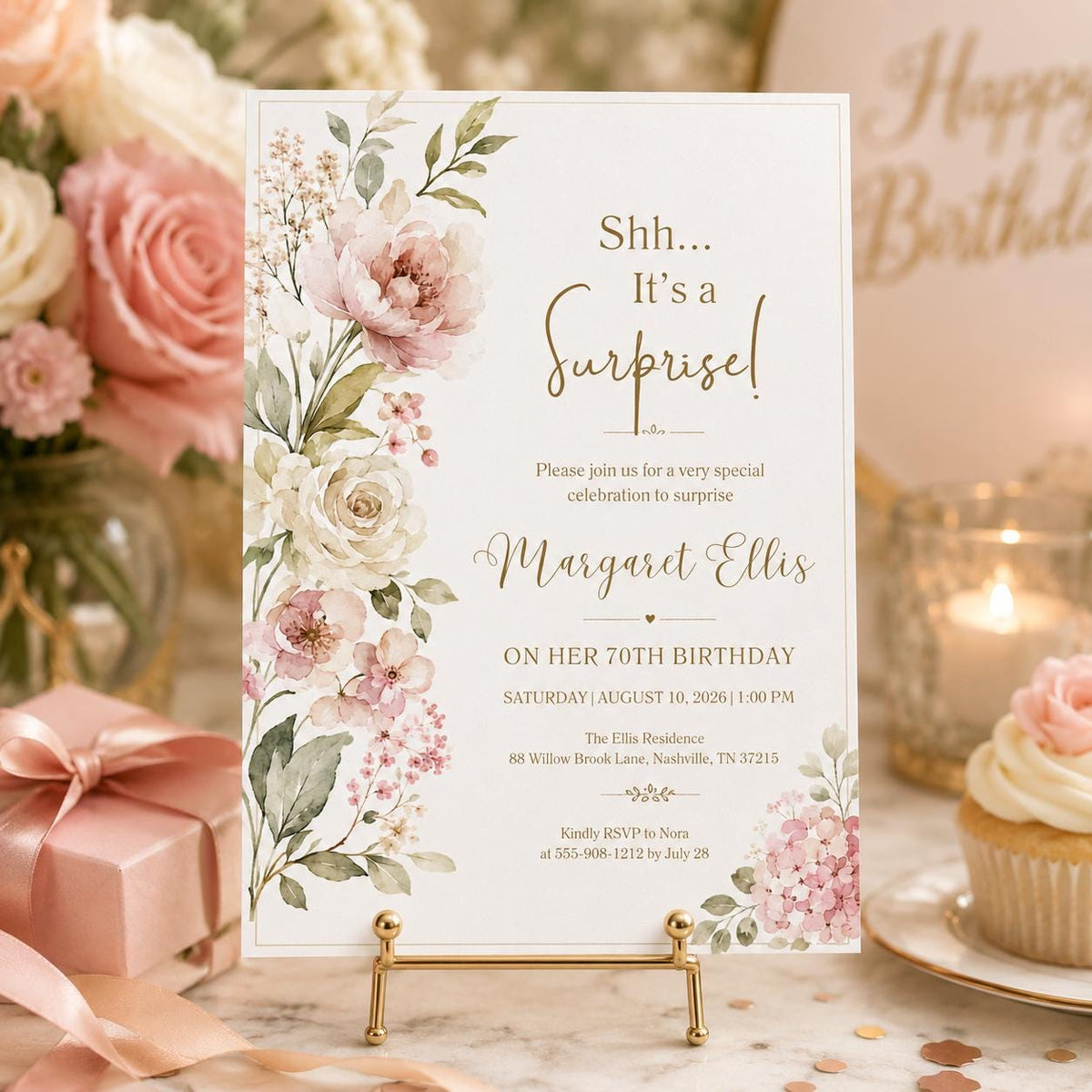 Gold and White Floral Surprise 70th Birthday Invitation — 70th birthday party stationery by VoltBy